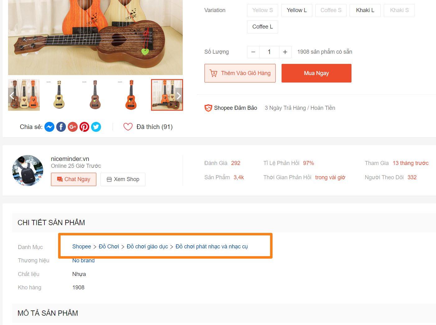 Cách xem danh mục ngành hàng của sản phẩm trên Shopee