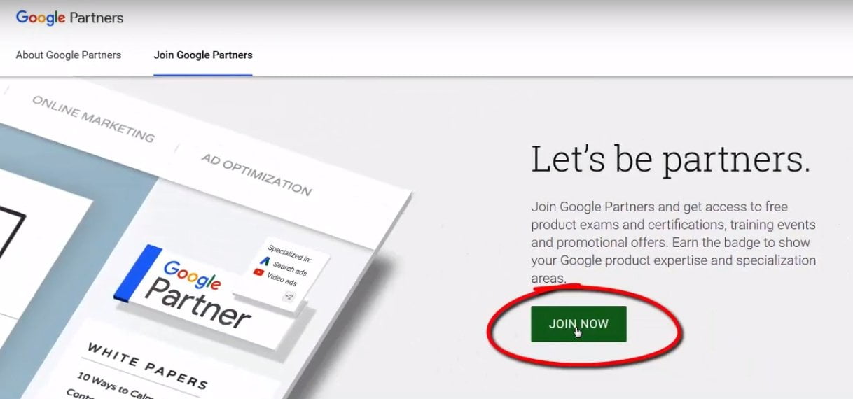 step 1 google partner homepage