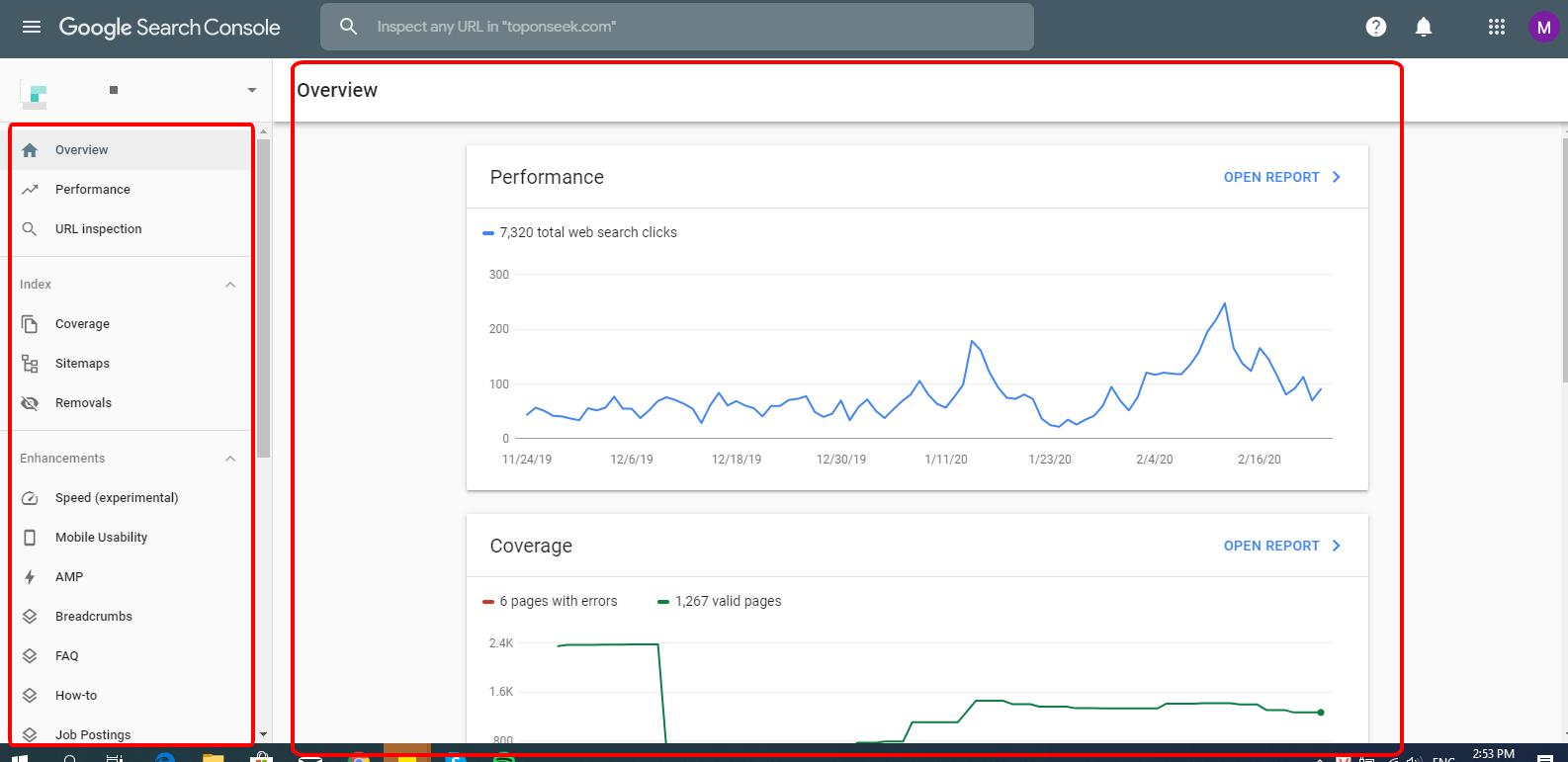 Bảng điều khiển trong Google Webmaster Tool (Google Search Console)