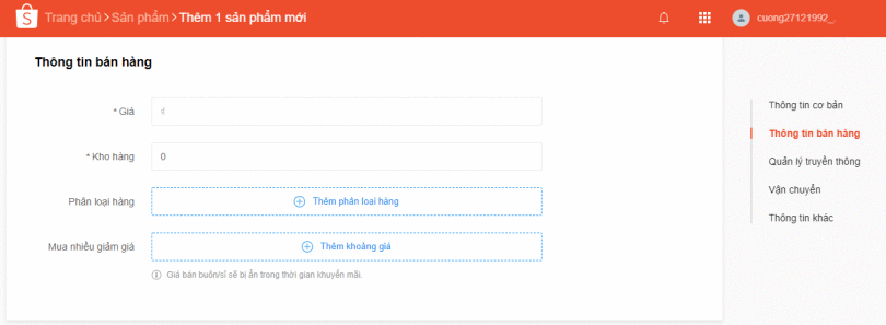 thêm thông tin bán hàng cho sản phẩm trên Shopee