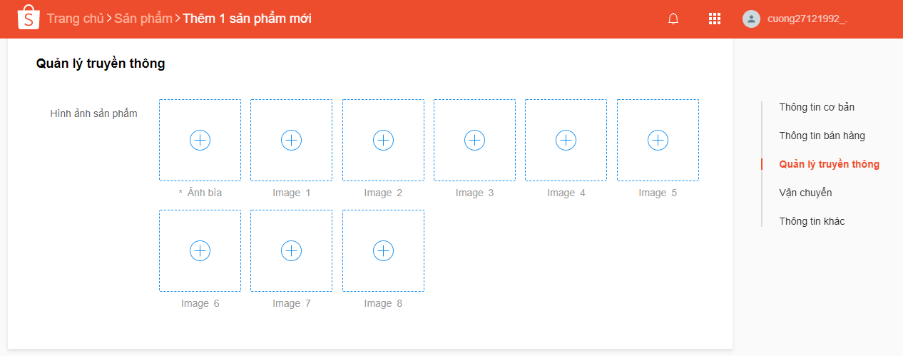 thêm thông tin quản lý truyền thông cho sản phẩm trên Shopee
