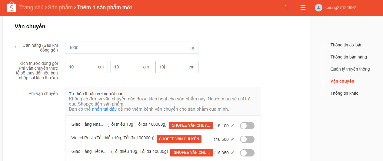 Kích hoạt đơn vị vận chuyển cho sản phẩm bán trên Shopee