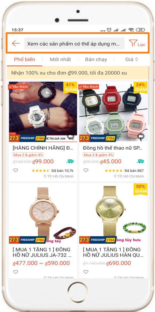 Xem danh sách sản phẩm có thể áp dụng mã giảm giá Shopee