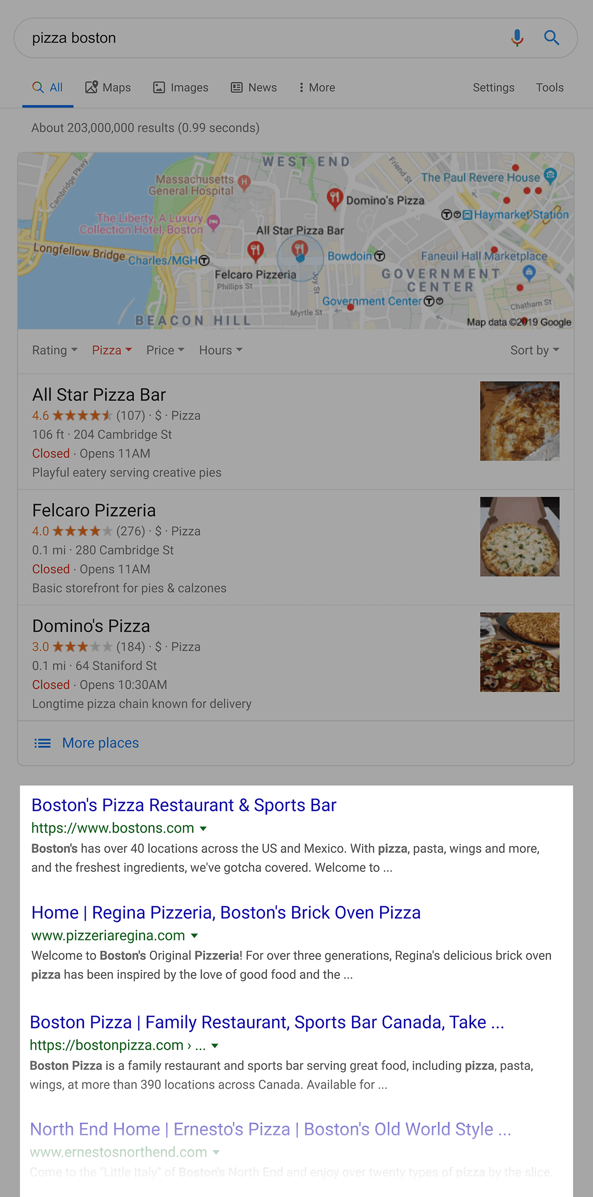 Google search for "pizza boston"