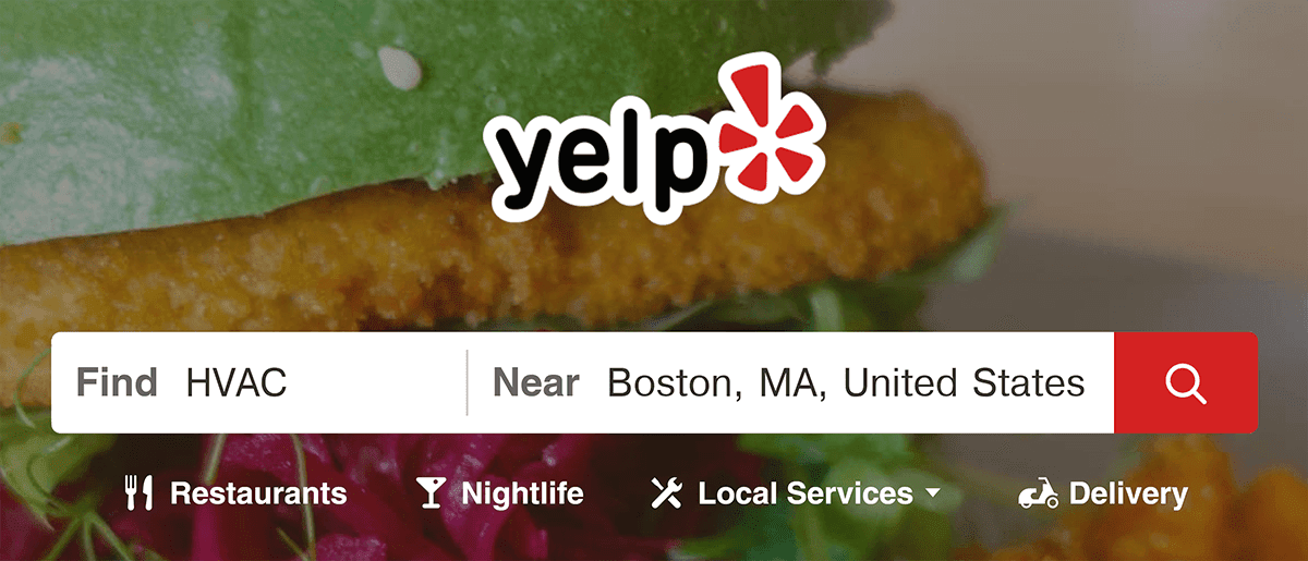 Yelp search for HVAC near Boston