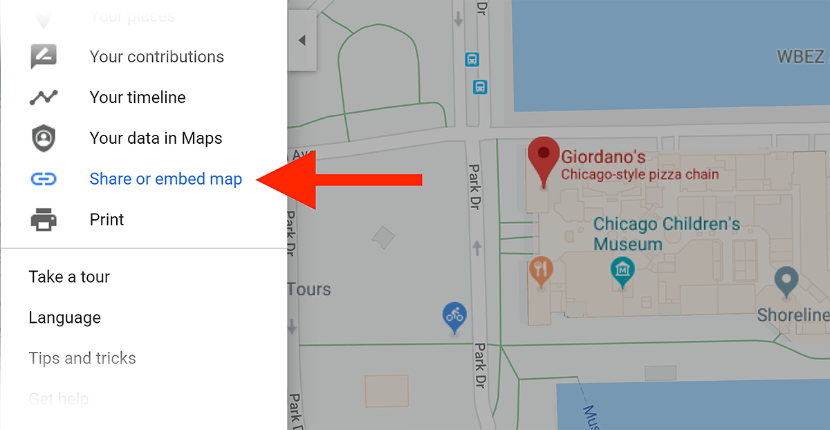 Giordanos pizza "Share map" feature