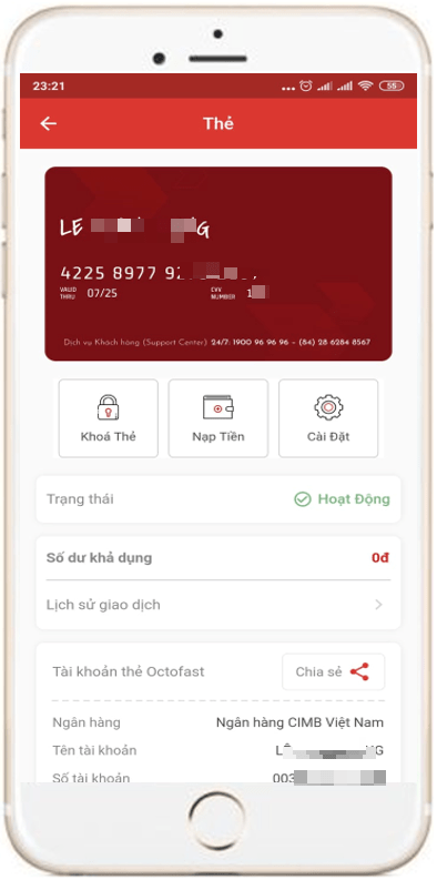 Mặt sau thẻ visa ảo OctoFast CIMB Bank