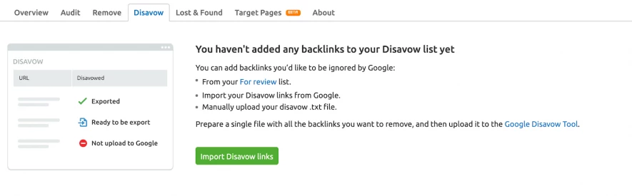 Tải Disavow File lên công cụ phân tích backlink SEMrush