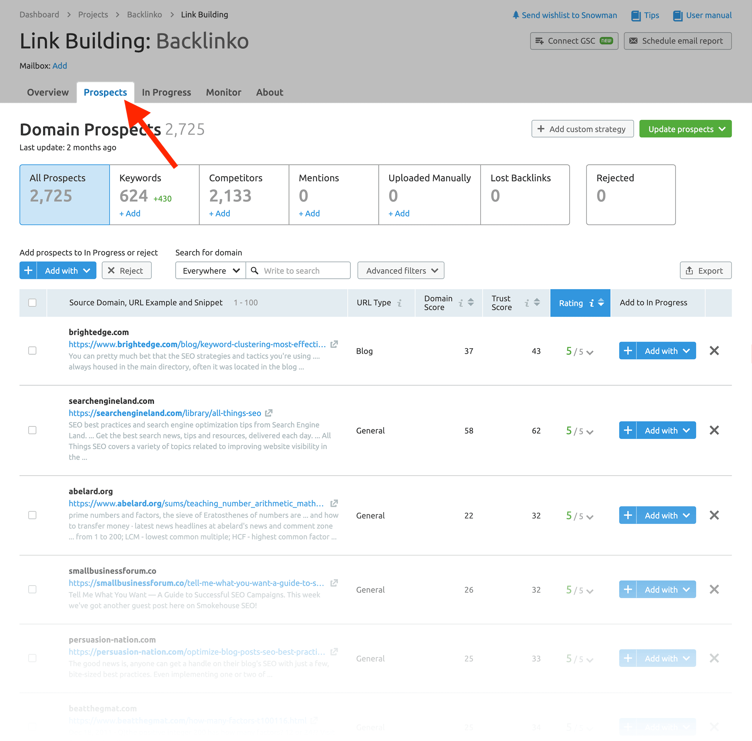 SEMrush - Link building tool – Prospect list