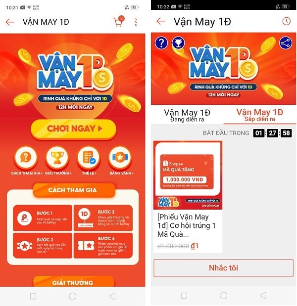 Chơi Game vận may 1Đ Shopee